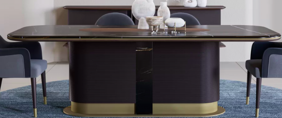 Luxury Marble Top Antique Brass Pedestal Rectangular Dark Brown Wooden Dining Table by Luxury Group International