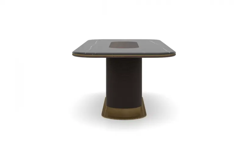 Luxury Marble Top Antique Brass Pedestal Rectangular Dark Brown Wooden Dining Table by Luxury Group International