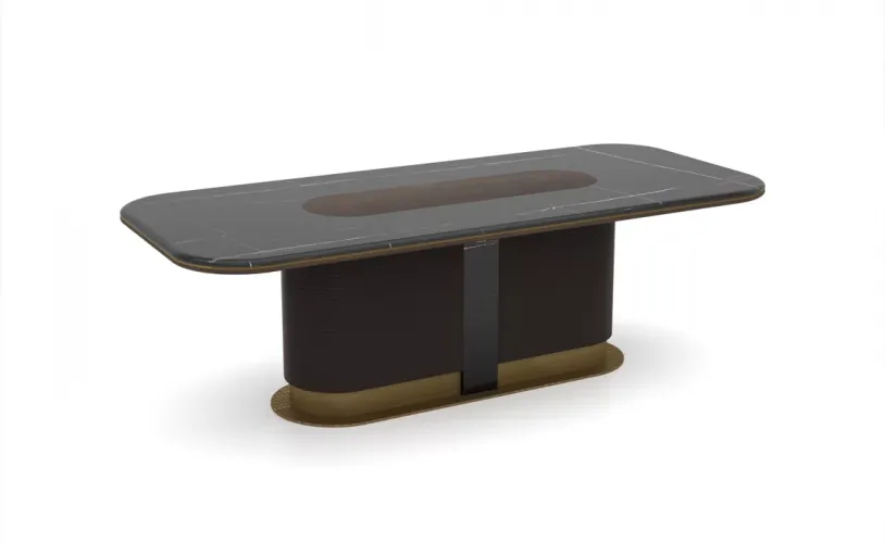 Luxury Marble Top Antique Brass Pedestal Rectangular Dark Brown Wooden Dining Table by Luxury Group International