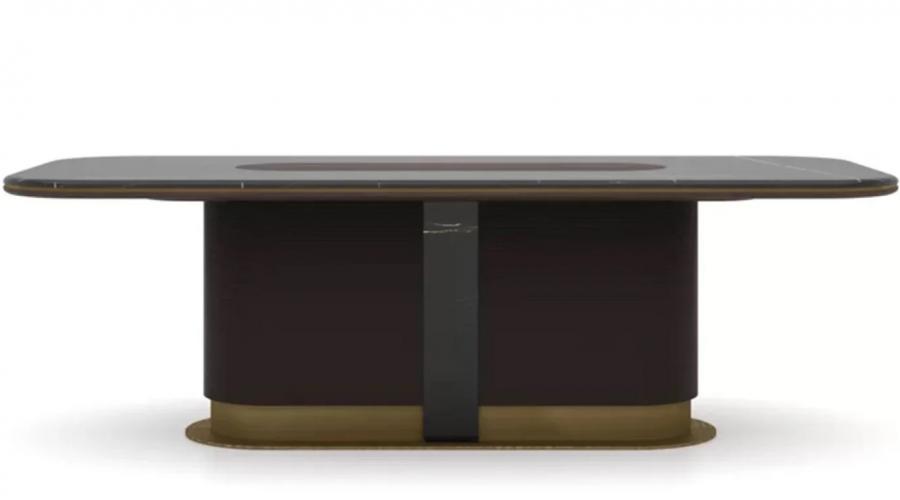Luxury Marble Top Antique Brass Pedestal Rectangular Dark Brown Wooden Dining Table Side View by Luxury Group International