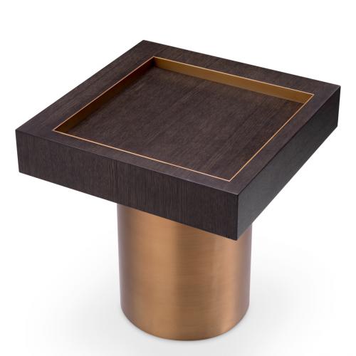 Luxury Mocha Oak Brass Pedestal Square Side Table by Luxury Group International