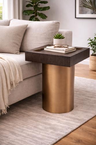 Luxury Mocha Oak Brass Pedestal Square Side Table by Luxury Group International