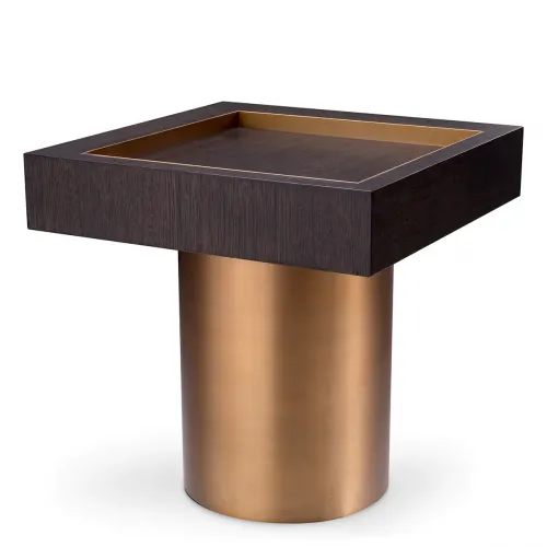 Luxury Mocha Oak Brass Pedestal Square Side Table by Luxury Group International