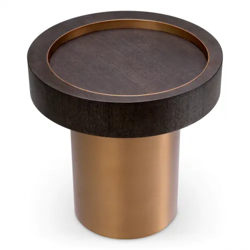 Luxury Mocha Oak Brass Round Pedestal Side Table by Luxury Group International