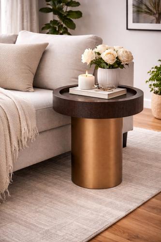 Luxury Mocha Oak Brass Round Pedestal Side Table by Luxury Group International