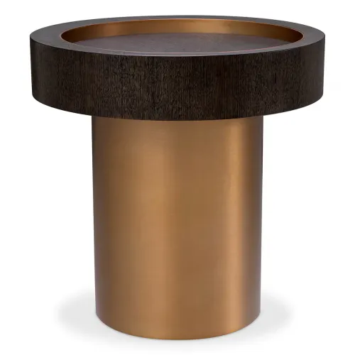 Luxury Mocha Oak Brass Round Pedestal Side Table by Luxury Group International