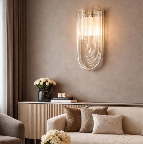 Luxury Modern Art Deco Curved Clear Glass Rod Wall Lamp for Elegant Living Room Lighting Lifestyle View by Luxury Group International