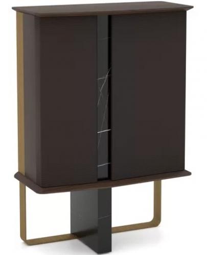 Buffet Bar Moderne de Luxe en Placage Chêne Mat Brun Foncé avec Marbre Noir et Base Dorée par Luxury Group International