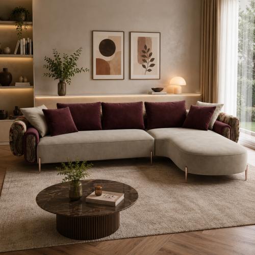 Hellgraues, mattes Stoff-Luxus-Ecksofa in modernem L-Design mit rechter Chaiselongue von Luxury Group International