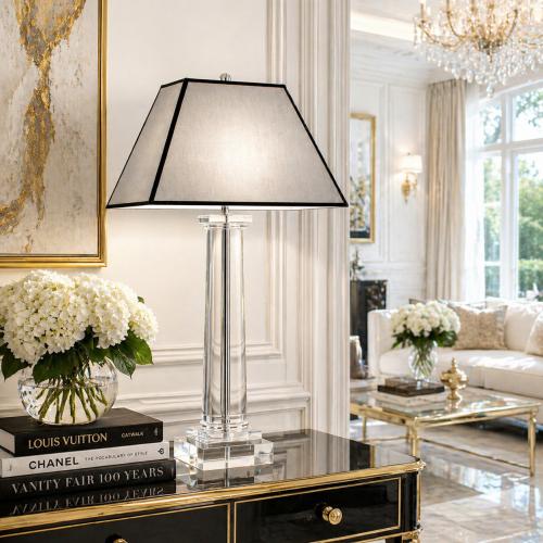 Luxury modern crystal glass table lamp with grey lampshade & black frame by Luxury Group International