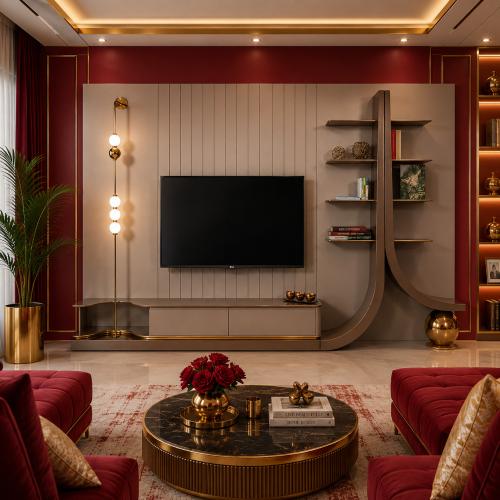 Estantería Curva Moderna de Lujo en Roble y Gris con Mueble TV y Iluminación de Esferas por Luxury Group International