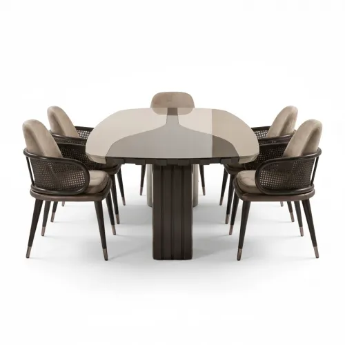 Silla de comedor moderna de lujo en tela tapizada beige mate con respaldo de malla perforada por Luxury Group International