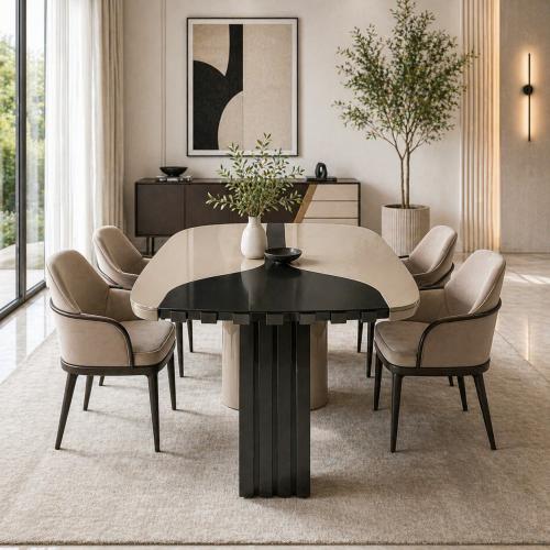 Luxury Modern Dining table in Anthracite Beige matte with pedestal ribbed legs by Luxury Group International