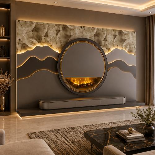 Mobile TV con Camino Moderno di Lusso, Pannello a Effetto Marmo e Illuminazione LED Ambientale di Luxury Group International