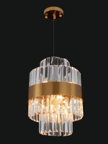 Luxuriöse moderne goldene Band-Kristall-stufige Art-Deco-Prisma-Anhänger-Deckenlampe von Luxury Group International