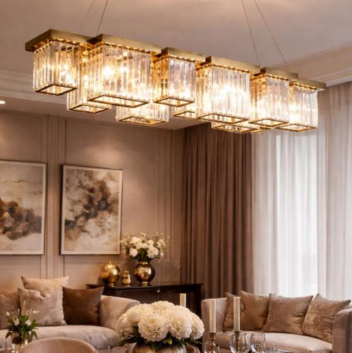 Luxury Modern Linear Rectangular Golden Crystal Chandelier with Multiple Cubic Lights Lifestyle View by Luxury Group International
