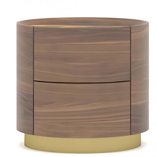 Luxury Modern Round Brown Oak Veneer Wooden Nightstand with Antique Brass Base for Elegant Bedrooms Front View by Luxury Group International