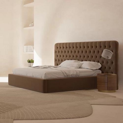 Luxury Modern Round Brown Oak Veneer Wooden Nightstand with Antique Brass Base for Elegant Bedrooms by Luxury Group International