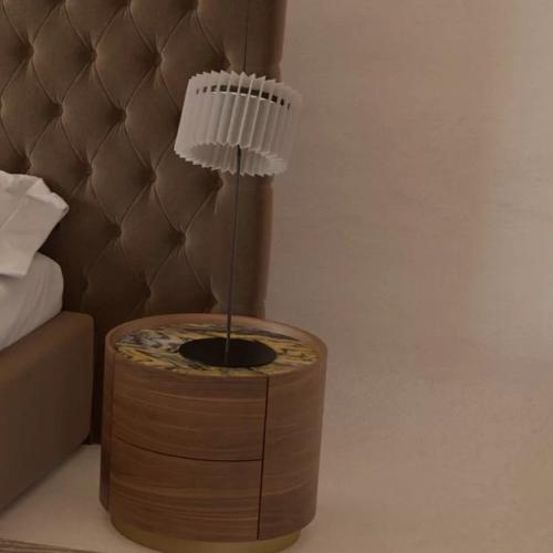 Luxury Modern Round Brown Oak Veneer Wooden Nightstand with Antique Brass Base for Elegant Bedrooms by Luxury Group International