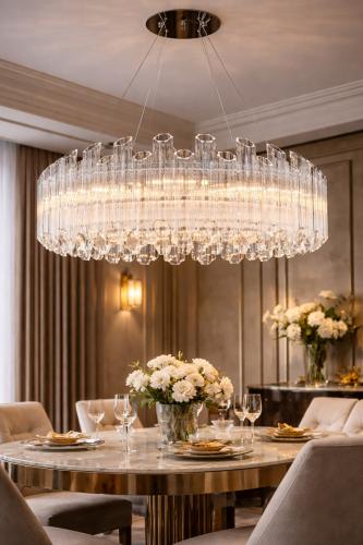 Luxury Modern Round Crystal Rod Chandelier for Living Room – Art Deco Ring Design Lifestyle View by Luxury Group International