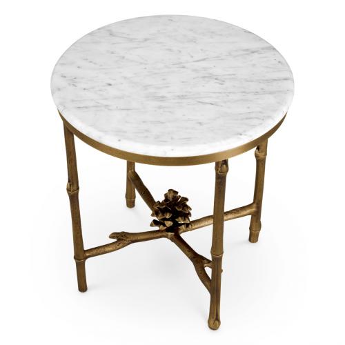 Luxury Modern Round White Bed Side Marble Top Side Table with Vintage Brass Finish by Luxury Group International