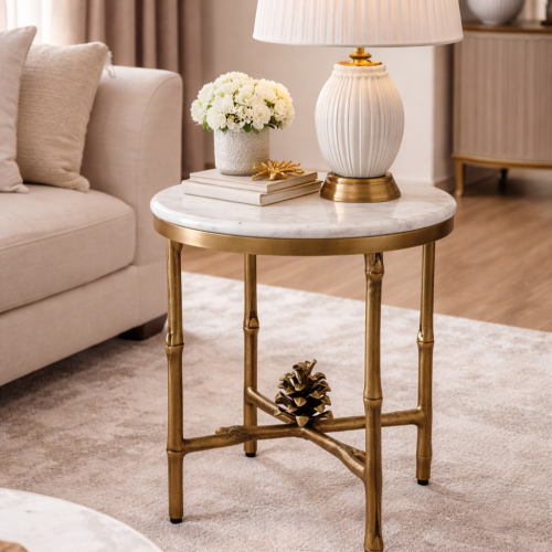 Luxury Modern Round White Bed Side Marble Top Side Table with Vintage Brass Finish by Luxury Group International