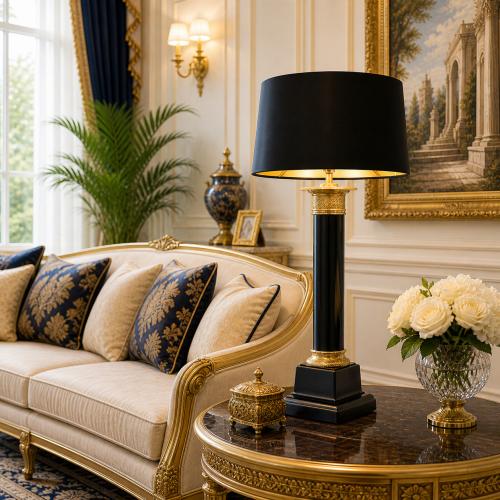 Lámpara de Mesa Moderna de Lujo en Latón Antiguo Negro con Cuerpo Dorado en Forma de Pilar por Luxury Group International