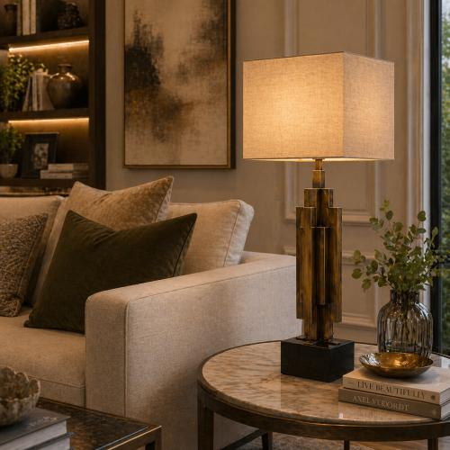 Luxury Modern Table Lamp in Brass- tone Polished Metal with Stacked Column & Beige Shade by Luxury Group International