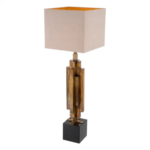 Luxury Modern Table Lamp in Brass- tone Polished Metal with Stacked Column & Beige Shade by Luxury Group International