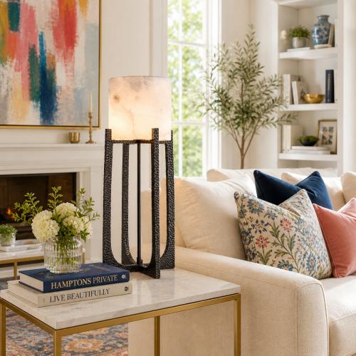 Luxury Modern Table Lamp in White Alabaster with Bronze Highlight Hammered Frame by Luxury Group International