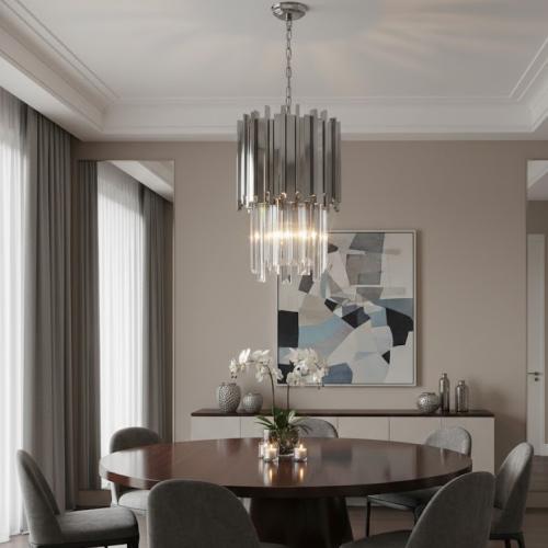 Luxus moderner, abgestufter LED-Kronleuchter aus silbernem Art Deco-Kristall von Luxury Group International