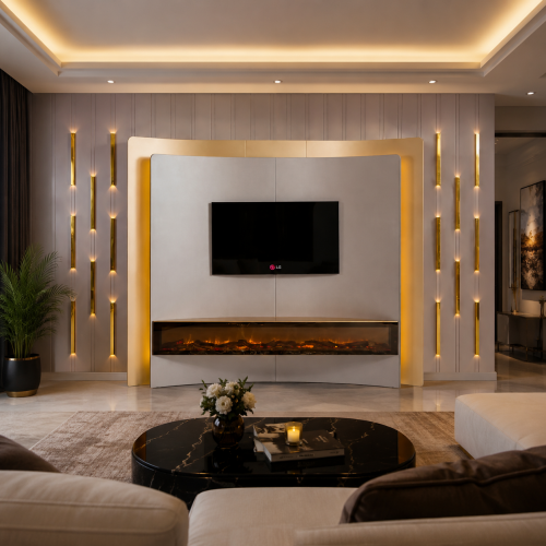 Mobile TV Moderno di Lusso Grigio con finestra camino in vetro e barre luminose dorate Vista lifestyle di Luxury Group International