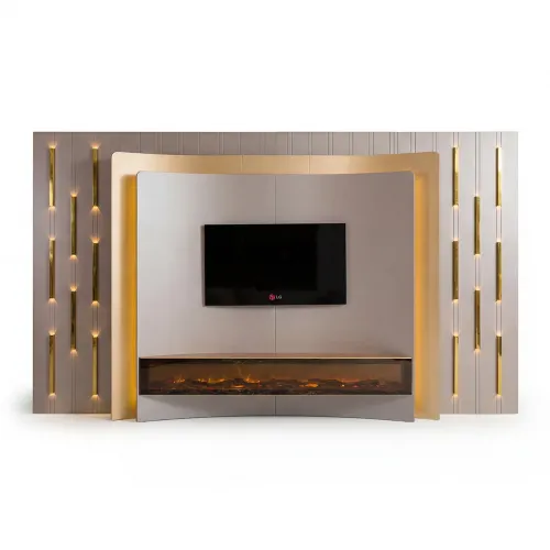 Luxury Modern TV Unit in Gray with glass fireplace window & gold light bars by Luxury Group International