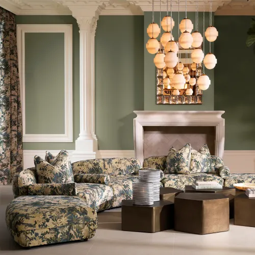 Divano Modulare di Lusso in Tessuto Verde Marston e Beige con Motivo Foglia Botanica di Luxury Group International