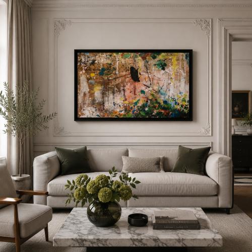 Luxus Multicolor Abstrakter Expressionistischer Wandkunst-Gemälde mit Zeitgenössischem Schwarzem Rahmen von Luxury Group International