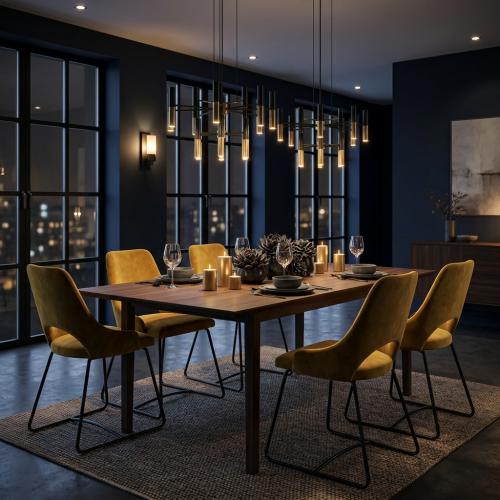 Luxury Mustard Velvet Dining Chair with Sculptural Open-Back Design on Black Sled Base Lifestyle View by Luxury Group International