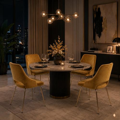 Luxury Mustard Yellow Velvet Dining Armchair with Sculptural Open-Back Design & Gold Metal Legs Lifestyle View by Luxury Group International
