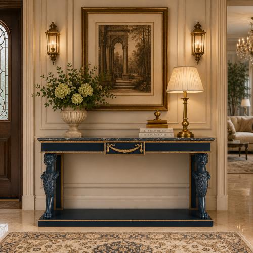 Console de luxe bleu marine à texture marbre avec supports sculptés en forme de lion et accents dorés par Luxury Group International