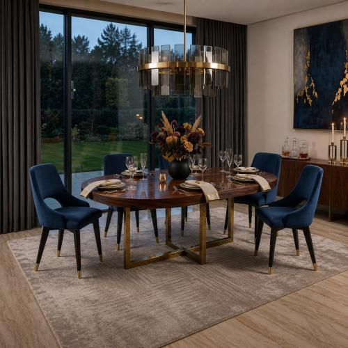 Luxury Navy Blue Velvet Dining Chair with Open-Back Design & Gold-Tapered Legs Lifestyle View by Luxury Group International