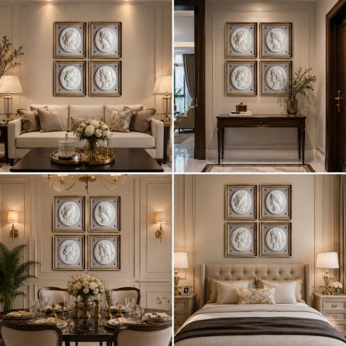 Luxus Neoklassisches Cameo-Porträt Wandkunst-Set mit 4 antik goldgerahmten Relieftafeln von Luxury Group International