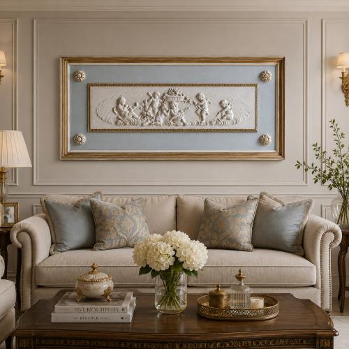 Luxus Neoklassische Putten-Relief-Wandkunst mit antikgoldgerahmtem klassischem Paneel von Luxury Group International