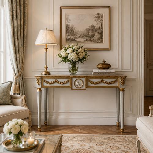 Console néoclassique de luxe avec guirlandes dorées et pieds cannelés par Luxury Group International