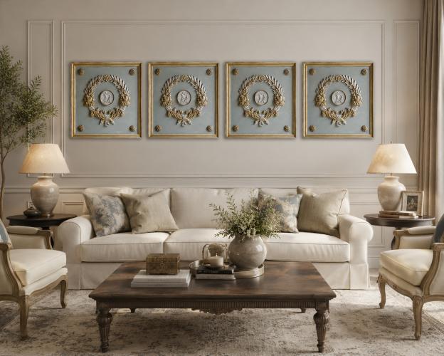 Luxuriöse neoklassizistische Lorbeerkranz-Relief-Wandkunst mit antikgoldenem Rahmen, 4er-Set von Luxury Group International