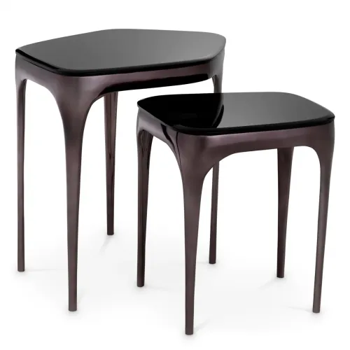Luxury Nickel Finish Black Glass Top Nesting side Tables set of 2 by Luxury Group International