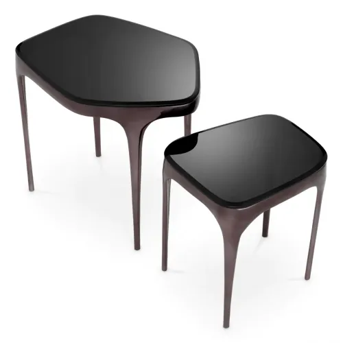 Luxury Nickel Finish Black Glass Top Nesting side Tables set of 2 by Luxury Group International