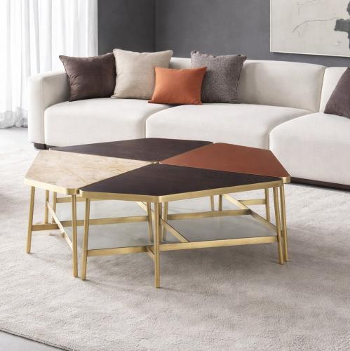 Table Basse Octogonale de Luxe avec Plateau en Marbre Noir, Blanc et Rouille et Base en Laiton pour Intérieurs Modernes par Luxury Group International