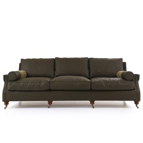 Divano in Pelle Verde Oliva di Lusso a 3 Posti con Gambe in Ottone e Ruote - Arredamento per Soggiorno Vista frontale di Luxury Group International