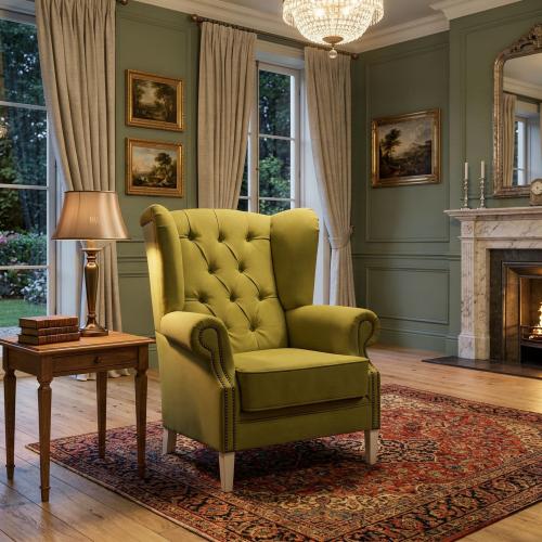 Luxuriöser olivgrüner, geknöpfter Wingback-Sessel mit Sofa - Wohnzimmermöbel Lifestyle-Ansicht von Luxury Group International
