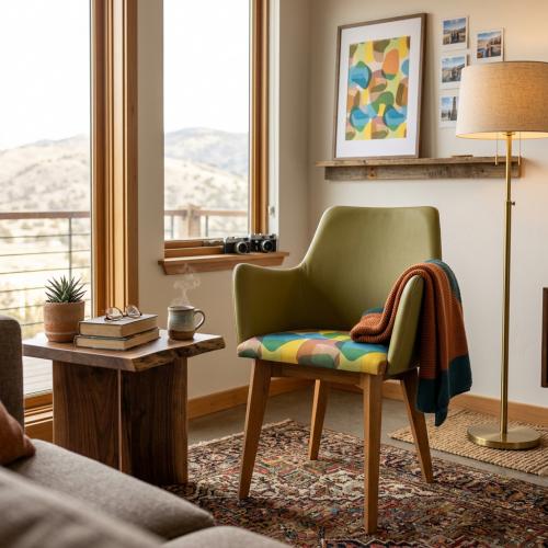 Fauteuil de Salle à Manger de Luxe en Tissu Olive avec Assise à Motif Artistique et Pieds en Bois Vue lifestyle par Luxury Group International