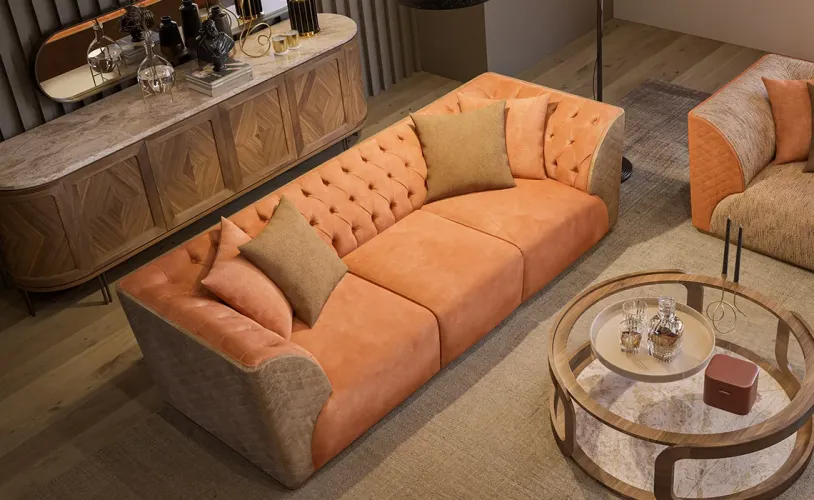 Luxury Orange & Beige Upholstered Tufted 3 Seater Sofa with Curved Arms Design-Luxury sofa by Luxury Group International